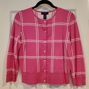 Chaps Pink with White Windowpane Cardigan Medium